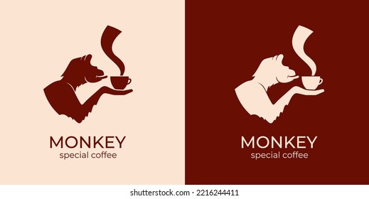 Monkey with a cup of coffee or tea. Logo or badge for coffee shops and cafes. Vector illustration. Special logo