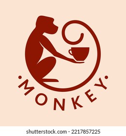Monkey with a cup of coffee or tea. Logo or badge for coffee shops and cafes. Vector illustration. Special logo
