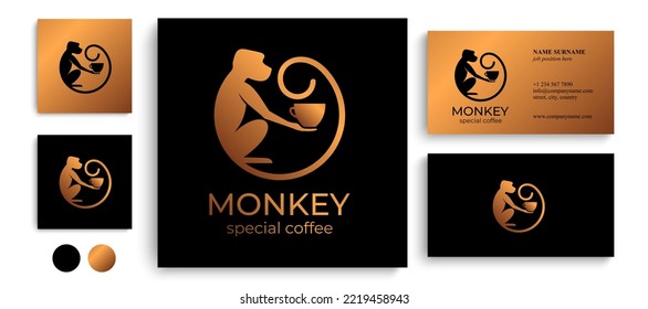 Monkey with a cup of coffee or tea. Logo or badge for coffee shops and cafes. Vector illustration. Special logo