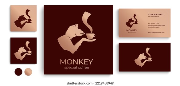Monkey with a cup of coffee or tea. Logo or badge for coffee shops and cafes. Vector illustration. Special logo