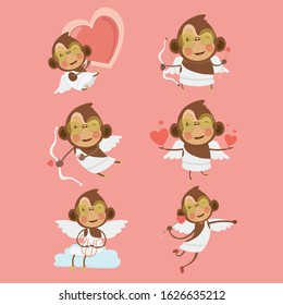 Monkey cupid set.Concept for the Valentines Day.
