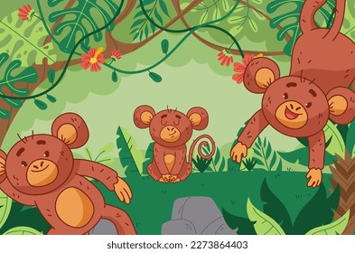 Monkey cute animal forest jungle tree zoo cartoon background concept. Vector graphic design illustration