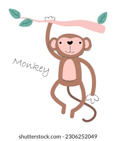 Monkey . Cute animals cartoon characters . Flat shape and line stroke design . Vector illustration .