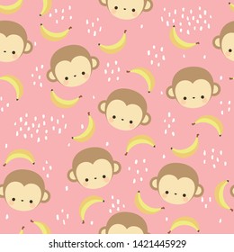 Monkey cute with banana seamless pattern, vector illustration background
