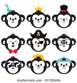 Monkey Cute Face Collection In White Background