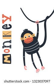 Monkey - Cute and fun kids hand drawn nursery poster with monkey animal and lettering. Color vector illustration in scandinavian style.