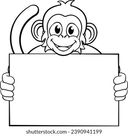 A monkey cute happy cartoon character animal holding a blank sign with copy-space