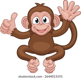 A monkey cute happy cartoon character animal waving and giving a thumbs up
