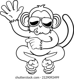 A monkey cute happy cool cartoon character animal wearing sunglasses waving and pointing