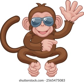 A monkey cute happy cool cartoon character animal wearing sunglasses waving and pointing