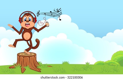 Monkey dance while listening to music with a headset cartoon in a garden for your design