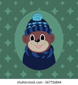 Monkey in a dark blue cap and scarf. Print for clothes, cards and children's books