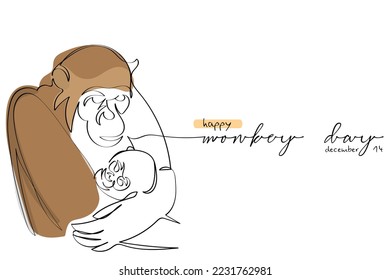 Monkey Day is an unofficial international holiday celebrated on December 14. Continuous line art of mother monkey holding its kid monkey. simian art. Chimpanzees and apes art. Animal rights. 