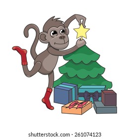 Monkey decorating a Christmas tree