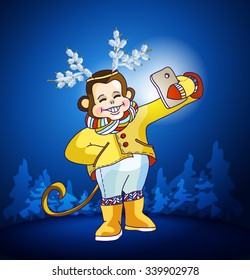 Monkey with deer antlers on his head taking selfie photo on smart phone. Carnival costume as deer antler made of fir branches.
Monkey with knitted scarf and leggings taking self-portrait and smiling