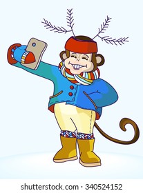 Monkey with deer antlers on his head taking selfie photo on smart phone. Carnival costume as deer antler made of fir branches.
Monkey with knitted scarf and leggings taking self-portrait and smiling