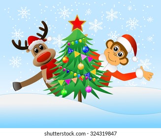 Monkey and deer peek out from behind the Christmas tree, vector illustration