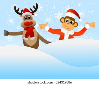 Monkey and deer peeking out of a snowdrift, vector illustration