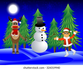 Monkey, deer and a snowman on the edge of the forest, vector illustration
