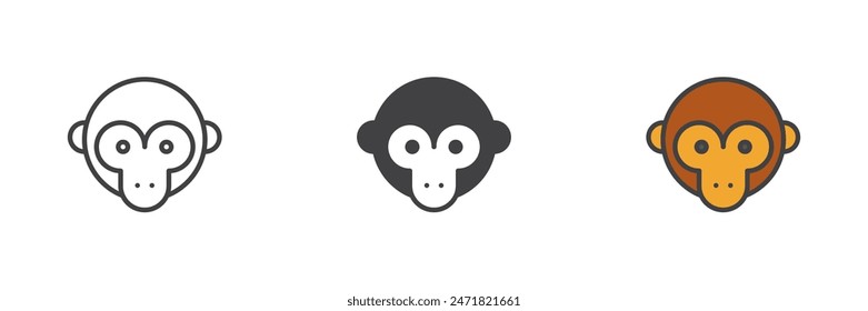 Monkey verschiedene Stil Icon Set. Linie, Glyphe und gefüllte Umrissfarben, Umriss und gefüllte Vektorgrafik. Symbol, Logo-Darstellung. Vektorgrafik-Grafiken