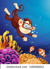 Monkey diving under ocean illustration