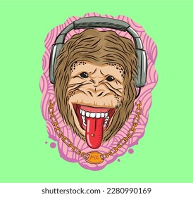 Monkey DJ, Monkey MC with headphones and chain, music lover, vector illustration