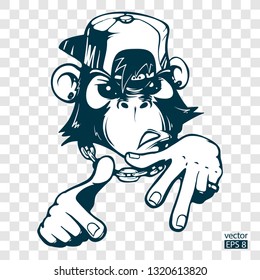 Monkey DJ. Monkey rapper. Hand drawn vector illustration. Can be used for creating logo, posters, flyers, emblem, prints, web