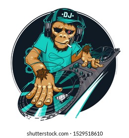 Monkey DJ wearing headphones and scratching a record on the turntable, Dj and mixing console. Night club concept