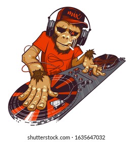 Monkey DJ wearing headphones and scratching a record on the turntable, Dj and mixing console. Night club concept