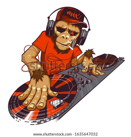 Monkey DJ wearing headphones and scratching a record on the turntable, Dj and mixing console. Night club concept