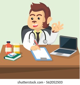 monkey doctor in his desk