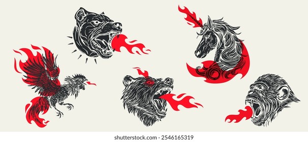 Monkey, dog, rooster, unicorn, bear. Hand drawn illustration animals and birds with red flames in retro vintage style. Set silhouette character for tattoo, mascot. Vector art elements.