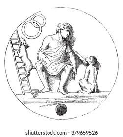 Monkey and dog trained by a juggler, vintage engraved illustration. Magasin Pittoresque 1878.
