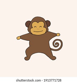 Monkey doing yoga. Asanas. Yoga poses. Charging. Exercises. Warm up. Physical Education. Vector hand-drawn doodle illustration.