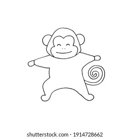 Affe macht Yoga. Asanas. Yoga Posen. Aufladen. Übungen. Aufwärmen. Leibeserziehung. Vektorhandgezeichnete doodle-Illustration. Schwarz-Weiß-Umriss. Kinderfärbung