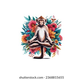 monkey doing yoga in colorful flower, yoga, yoga with colorful flowers, colorful yoga, money fitness illustration