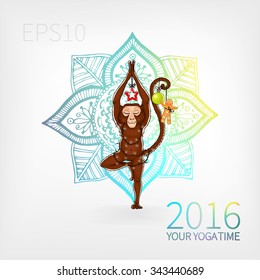 Monkey doing yoga on the background of the mandala. Vrikshasana - tree pose. NThe image can be used for your business as an advertisement in yoga studios, shaping, health centers, fitness
