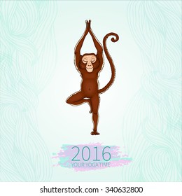Monkey doing yoga. Vrikshasana - tree pose. New Year. The image can be used for your business as an advertisement in yoga studios, health centers, fitness