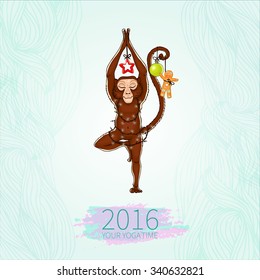 Monkey doing yoga. Vrikshasana - tree pose. New Year. Christmas decorations. The image can be used for your business as an advertisement in yoga studios, health centers, fitness
