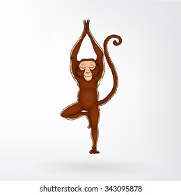 Monkey doing yoga. Vrikshasana - tree pose. The image can be used for your business as an advertisement in yoga studios, shaping, health centers, fitness