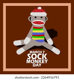 Monkey doll commonly called Sock Monkey with bold text in a frame on a dark brown background to celebrate Sock Monkey Day on March 7