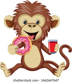 Monkey with donut, illustration, vector on white background.