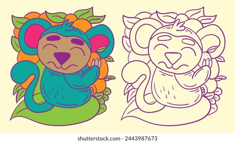 monkey doodle cute animal illustration for book coloring page