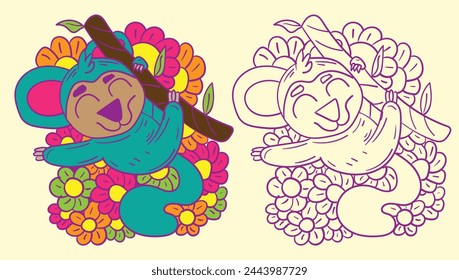 monkey doodle cute animal illustration for book coloring page