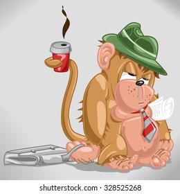 Monkey dressed up as a businessman with tie, hat, briefcase, newspaper and coffee with serious burn out syndrome