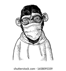 Monkey dressed in the hoodie and mask. Vintage black engraving illustration. Isolated on white background. Hand drawn design element for poster coronavirus