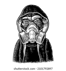 Monkey dressed in the hoodie and respirator. Vintage black engraving illustration. Isolated on white background. Hand drawn design element for medical poster about the virus.