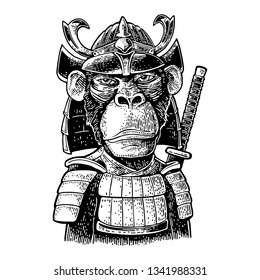 Monkey dressed in the japan helmet and armor with samurai sword behind. Vintage black engraving illustration. Isolated on white background. Hand drawn design element for poster, t-shirt