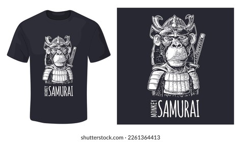 Monkey dressed in the japan helmet and armor with samurai sword behind. Vintage white engraving illustration. Isolated on black background. Hand drawn design element for poster, t-shirt