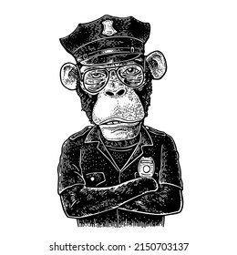 Monkey dressed in police uniform. Vintage vector monochrome engraving illustration isolated on white background. Hand drawn design element for t-shirt